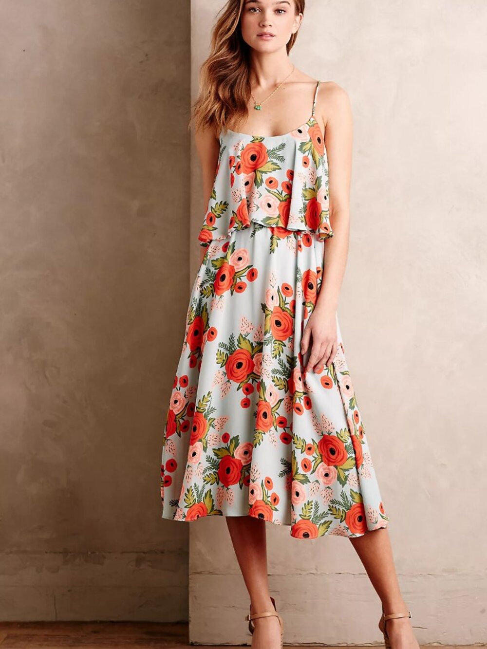 Anthropologie Paper Crown x Rifle Paper Co Poppy Field Dress Floral Blue Coral M - Picture 2 of 10